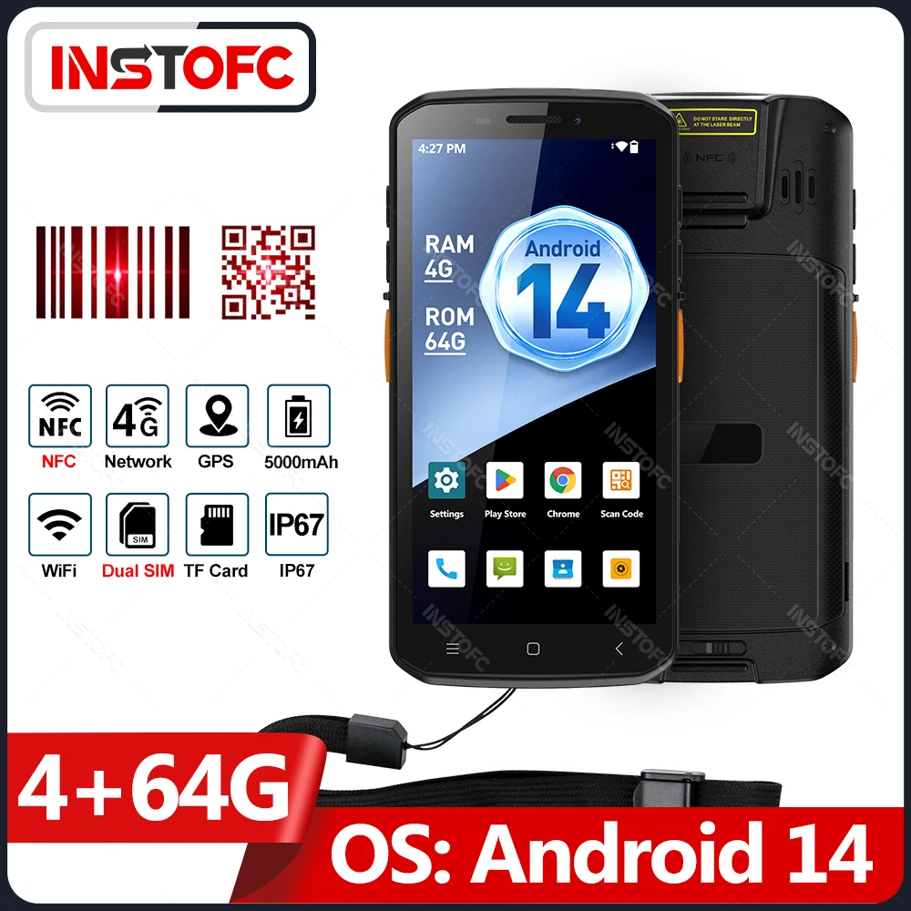 4G64G PDA Rugged Android 14 Smart Terminal 1D 2D QR Barcode Scanner with WIFI Bluetooth Mobile Industrial Data Collector NFC 4G