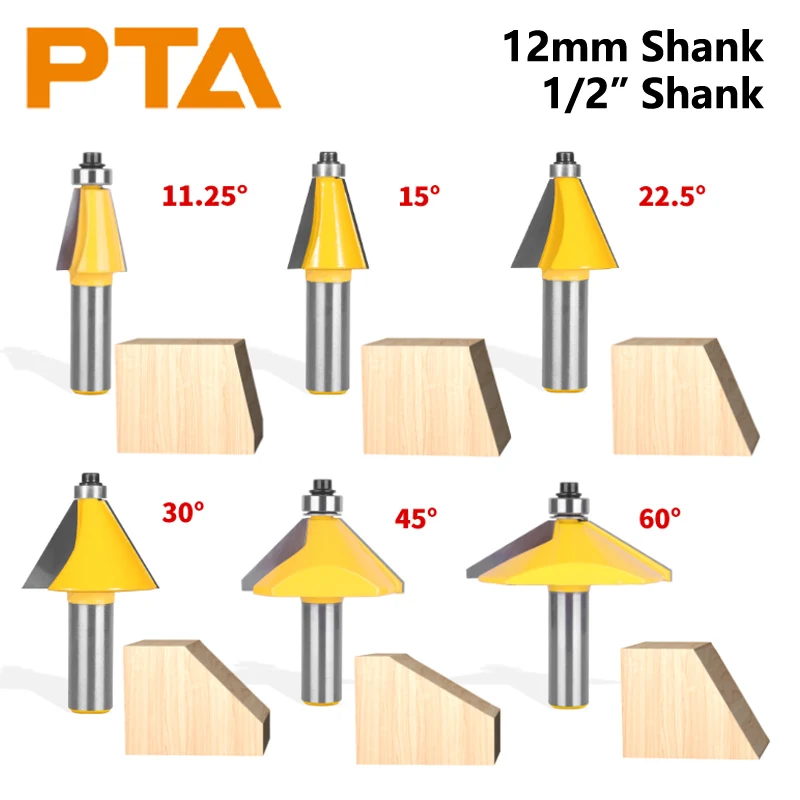 Shank Chanfro Bevel Edge Edging Router Bit Grupo Fresa para Madeira Face Mill 11.5 15 22.5 30 45 60 Graus 12 mm 12.7 mm