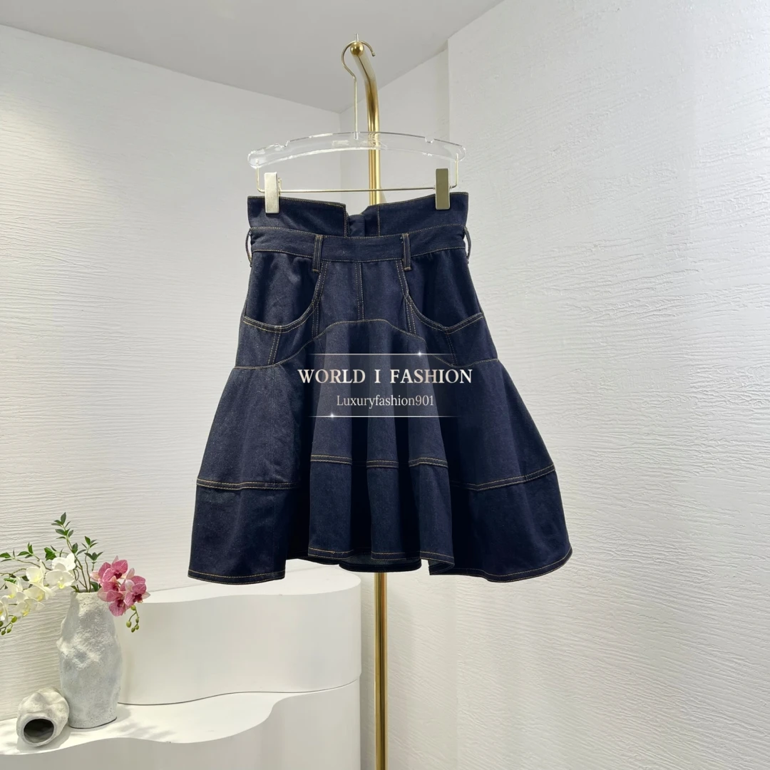 

Navy Blue 3/4 Sleeve Stand Collar Denim Blouse Tops and Mini Midi Skirt Sets 2025 New Fashion Cotton