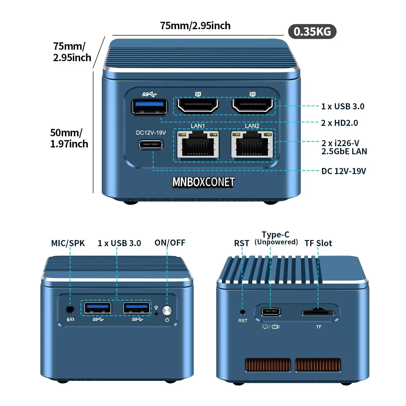 MNBOXCONET Mini PC Core i3 N305 (8C/8T، حتى 3.8 جيجا هرتز)، كمبيوتر صغير أسود Linux، Wifi6/BT5.2، 2 منفذ I226-V 2.5Gbe LAN