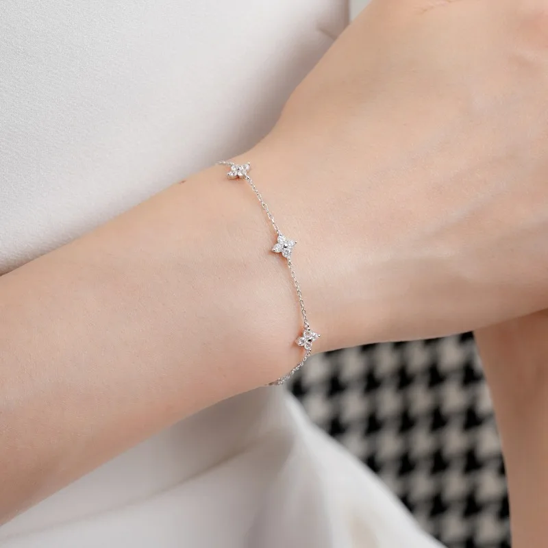 925 الفضة مطلي زركون أربع أوراق البرسيم سوار للنساء قابل للتعديل سلسلة مجوهرات 18 كيلو مطلية بالذهب الإكسسوارات #4