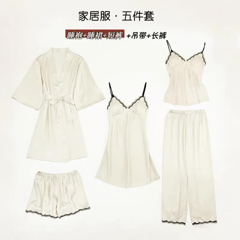 

Pajamas Five Piece Set Casual Silk Satin Bathrobe Sexy Robe Nightgown Sling Shorts Pants Summer Casual Female Loungewear