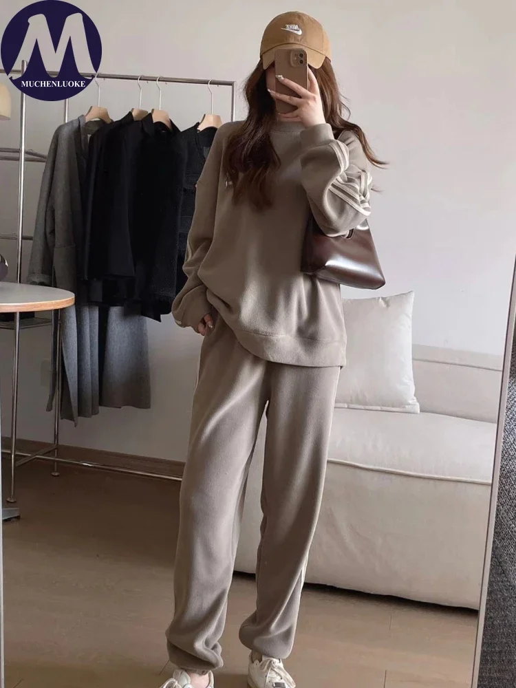 Women\'s Long Sleeved O Neck Plush Tops Set, Wide Leg Pants Suits, Wide Leg, Motion, Casual, Autumn, Winter, New Fashion, 2 Pcs