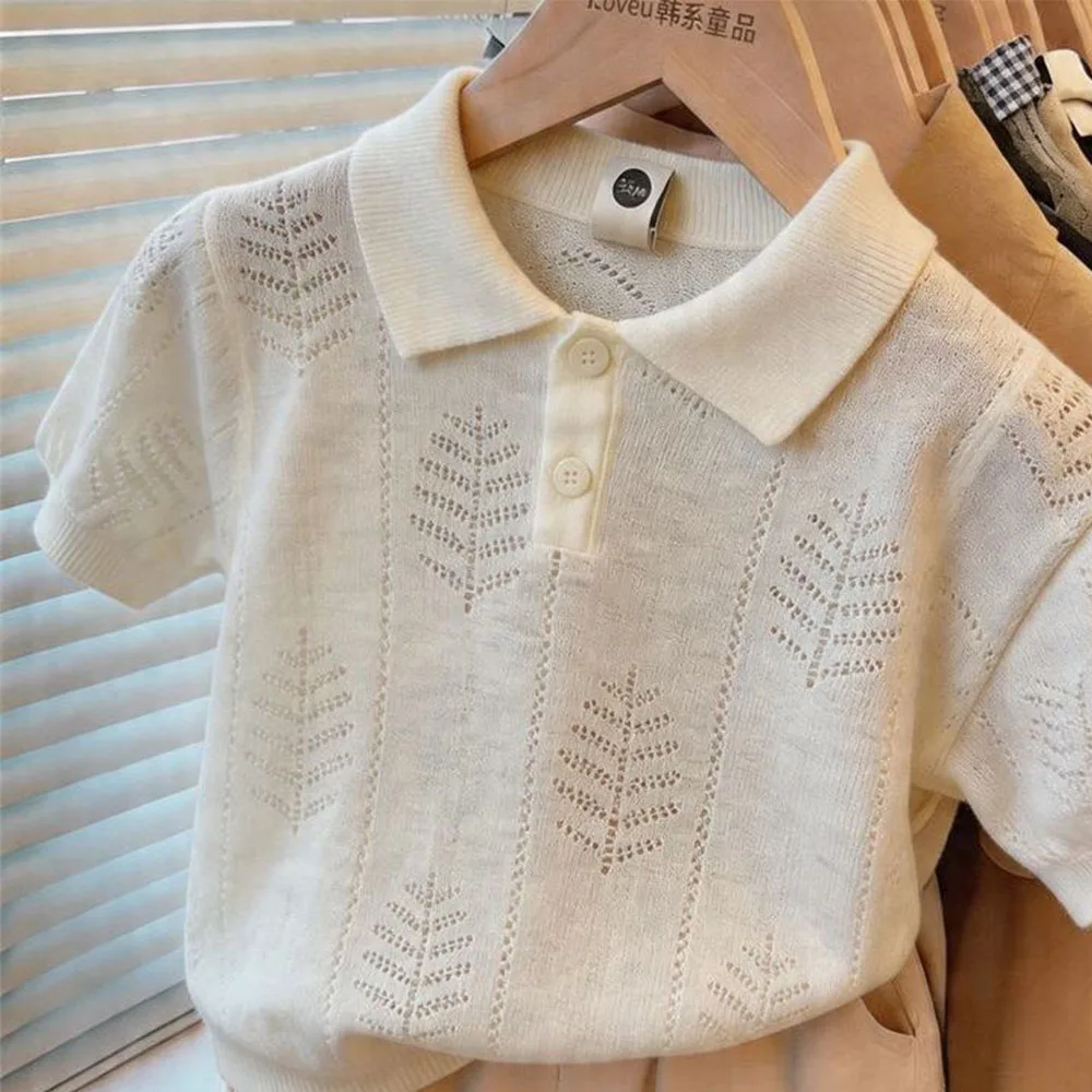 Kids White Knit Polo Shirt, Short Sleeve Top with Leaf Cutout Design, Breathable Lightweight Summer Preppy Shirt for Toddlers