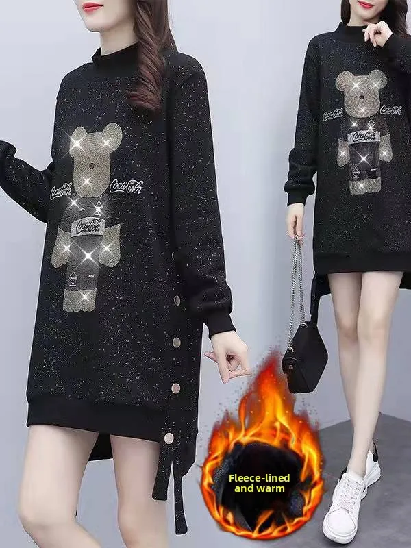 

Slimming Large Size Women's Sweatshirt Dress Glittering Loose Mid-Length Korean Style Commute High Waist Winter Long Sleeve