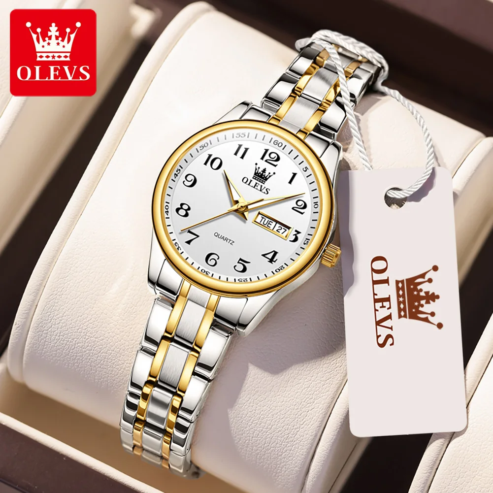 

OLEVS 5567 Quartz Watch for Women Luxury Waterproof Luminous Stainless Steel Watches Big Numeral Ladies Wristwatch Dual Calendar