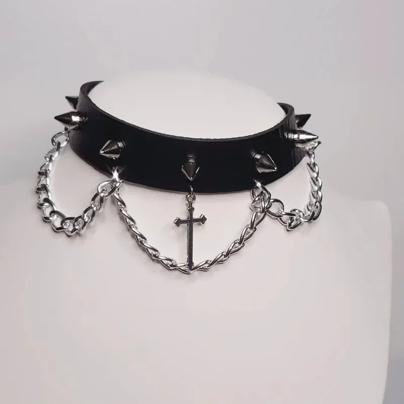 Goth Choker with Silver Color Cross with Punk Gorgeous Alternative Jewellery Necklace Wide Statement Charm Women Gift Harajuku