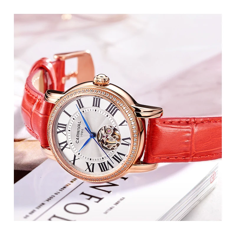 Carnival Top Brand Luxury Diamond Mechanical Watches Fashion Red Leather Strap Waterproof Sapphire Hollow Wristwatches Womens