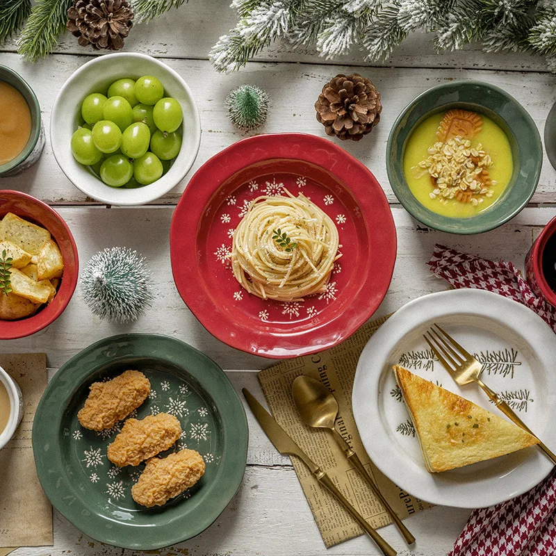 Christmas Tableware Embossed Plate Snowflake Steak Western Dish Creative Simple Ceramic Dessert Bowl Mug