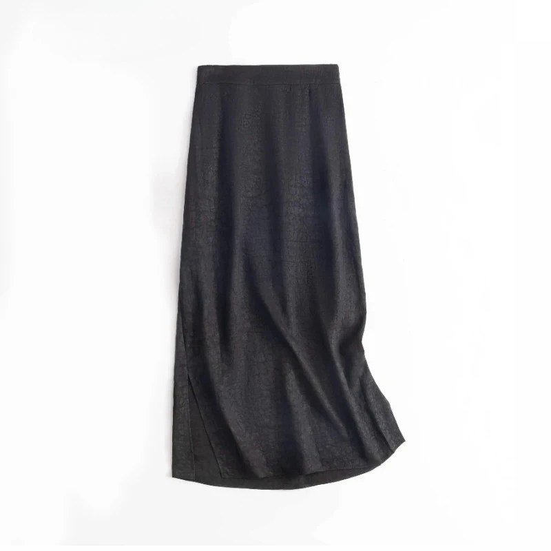 レディースファッション春/秋新作100%天然桑絹ガンビアード広東ガーゼブラックミディアム丈ストレートチューブスカート