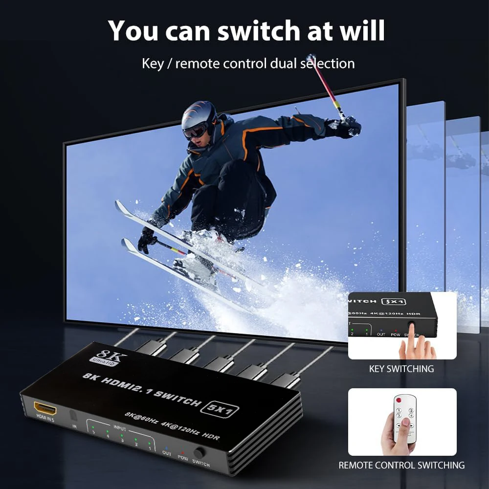 8K 60Hz HDMI Switch 5x1 HDMI2.1 Switcher 5 in 1 Out with IR Remote 3D VRR HDR 4K 120Hz Video Converter for Xbox PS4 PS5 PC To TV