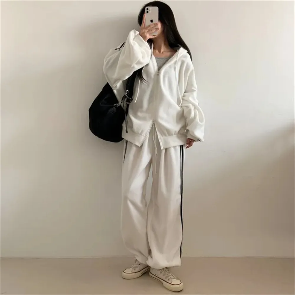 

Cotton Blend Women's Casual Sportswear Set Long Sleeve Loose Fit T-Shirt And Pants White Korean Style Fashionable Lazy Girl