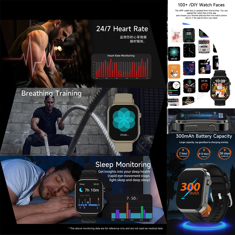 2024 New Smart Watch Heart rate  blood oxygen monitoring BT Call Flashlight Outdoor Sports Track Tracker Men\'s Women Smartwatch
