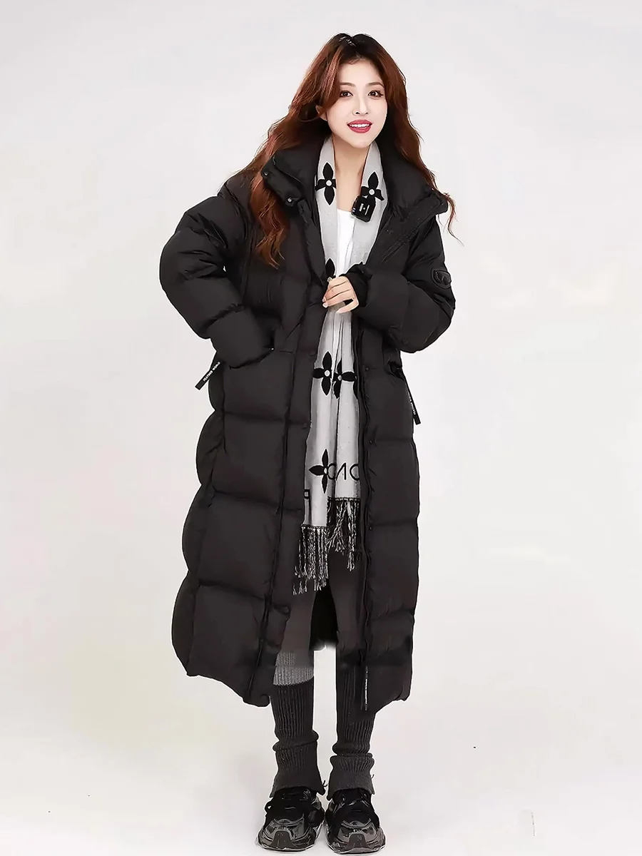 

Thiened Warm White Du down Puffer Jaet Women's Long Coat Hooded Bla Winter Faion Small Size Trendy Bread Clothes