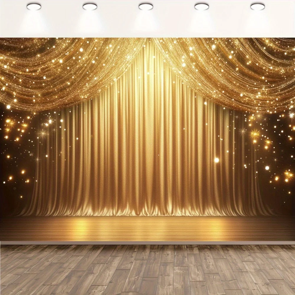 Ein goldener glitzernder Bühnenhintergrundstoff, mit brillanten goldenen Vorhängen und fließenden Lichtdekorationen
