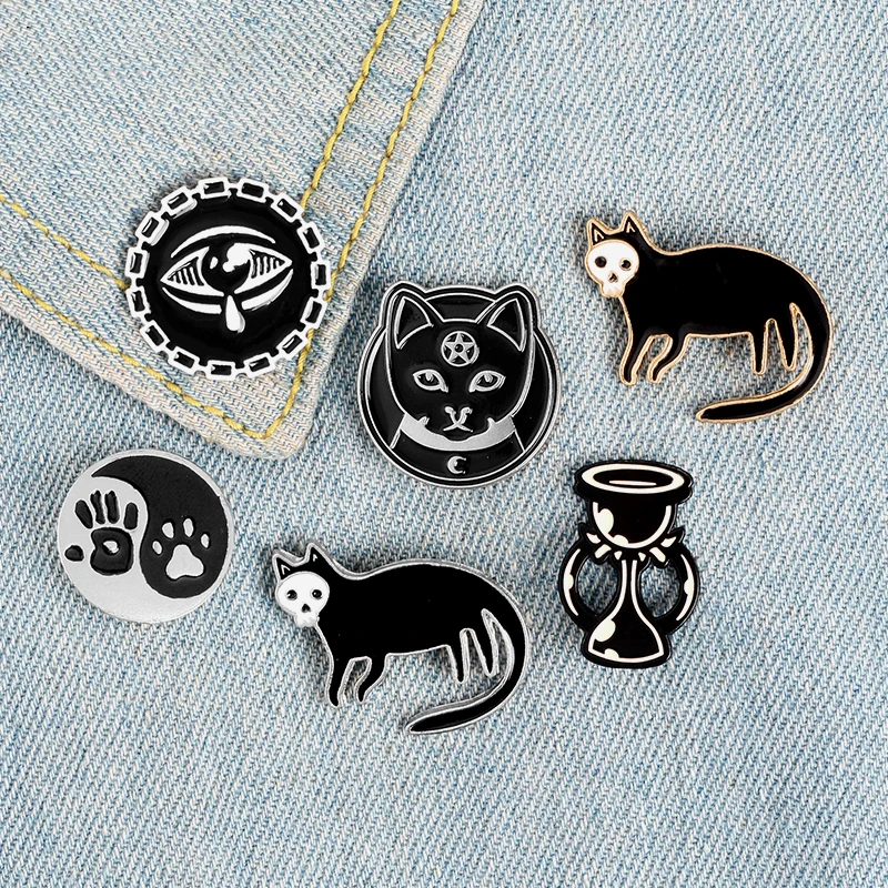 Enamel Pins Hourglass Cat Paw Tear Eye Badges Custom Brooches Bag Clothes Lapel Pin Punk Black Witchcraft Jewelry Witch and Cats