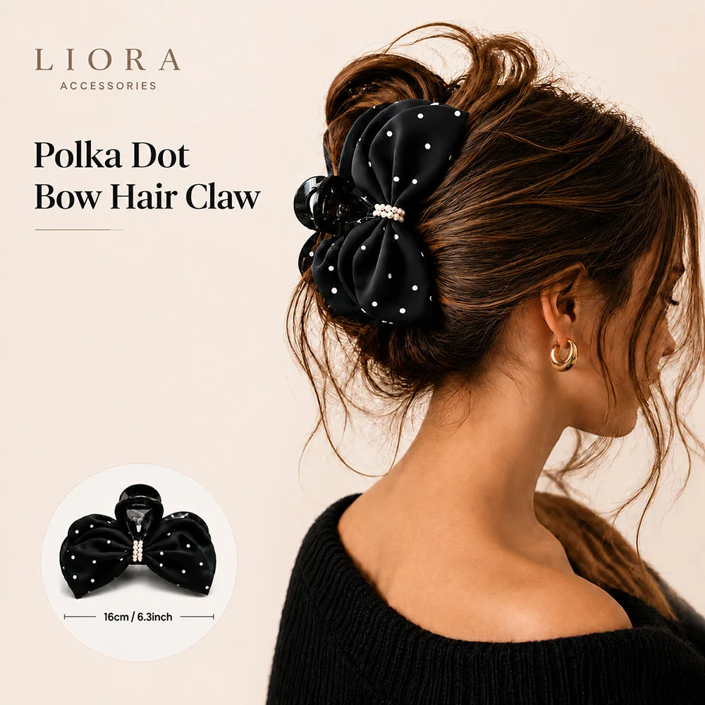 Women’s Large Black Satin Bow Hair Claw Clip Polka Dot Faux Pearl Elegant French Barrette Hair Accessory