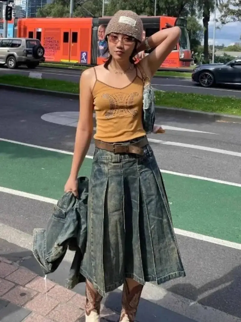 

Plus Size American Y2K Spicy Girl Denim Skirt Women's Spring New Design A-Line Midi Skirt Street Fashion Women Long Skirts CQX0