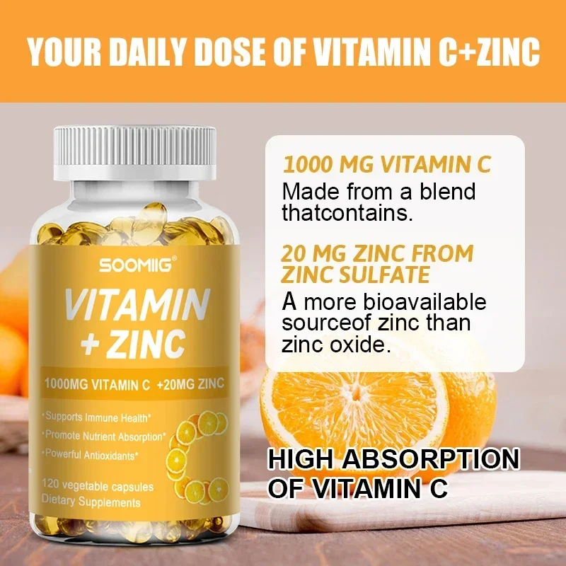 Vitamin C 1000mg with Zinc 20mg Capsules for Supports Cellular Energy Production and Collagen Formation, Immune System Support