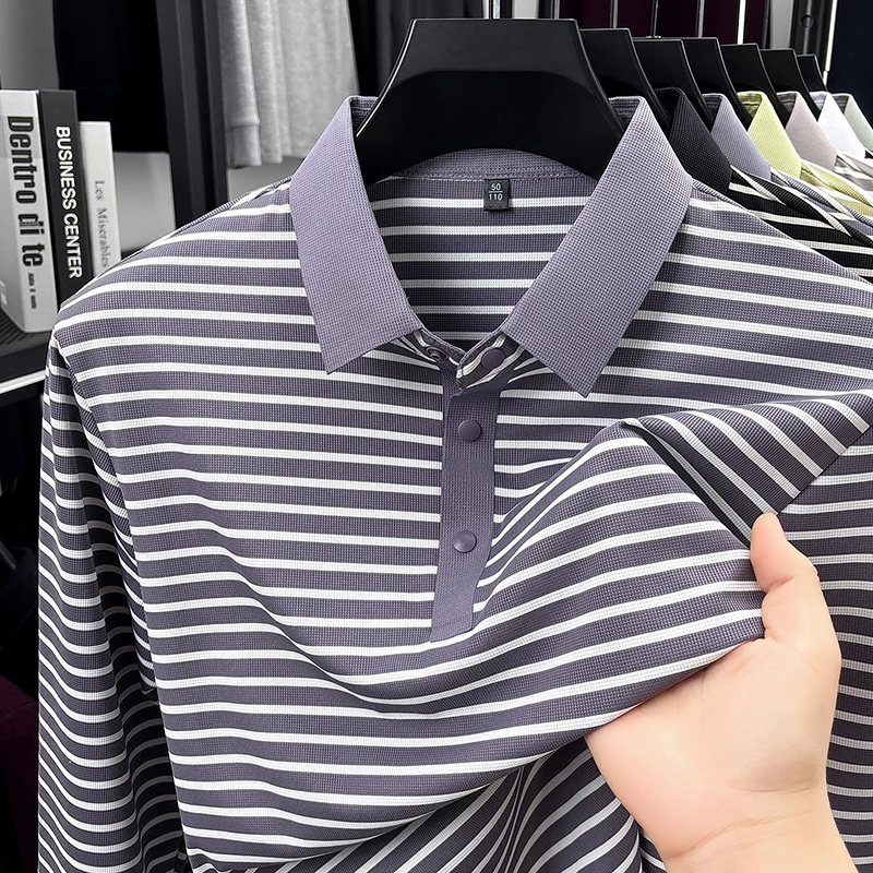 Light Luxury New Men's long sleeve polo shirt high-end striped color blocking spring autumn comfort fashion casual lapel T-shirt