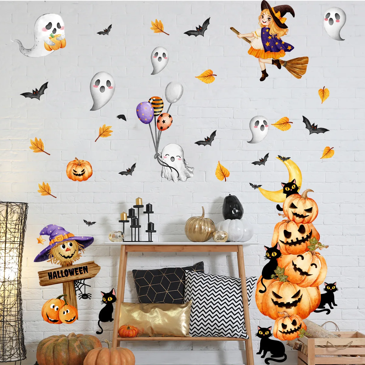 

New Halloween witch pumpkin ghost bat wall sticker home holiday decoration self-adhesive wall sticker