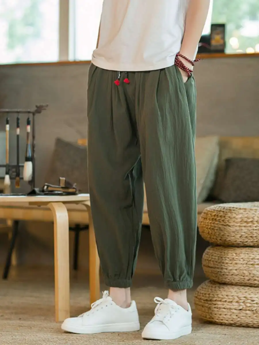 

Мужские повседневные брюки из хлопка и льна свободного кроя, винтажные, простые, в стиле «фонарик», однотонные, удобные для ежедневной носки