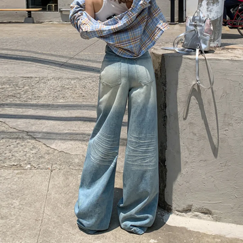 # 2237 Vaqueros rasgados para novio, Vaqueros holgados Vintage rectos de pierna ancha para mujer, ropa de calle alargada, pantalones vaqueros de mujer de cintura alta