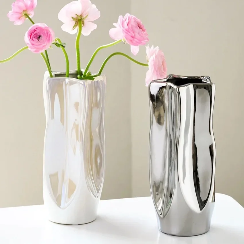 Ceramic Vase Luxury Electroplated Silver Flower Arrangement Irregular Porcelain Hydroponic Vase Ornament Interior Art Decoration