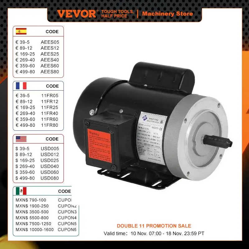 VEVOR 1 HP Electric Motor 56C Frame Single Phase 1725 PRM 3450 PRM 115/230V for Air Compressor Pump Fans Metal Cutting Machine