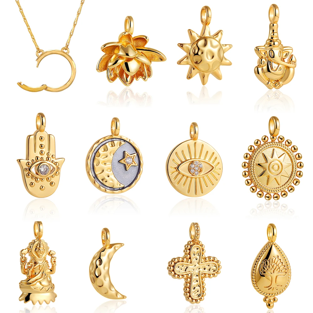 Retro Women's Bracelet 18k Gold Plated with Moon Star Sun Evil Eye Talisman Multi Charm Birthstone DIY Jewelry Pendant Necklace