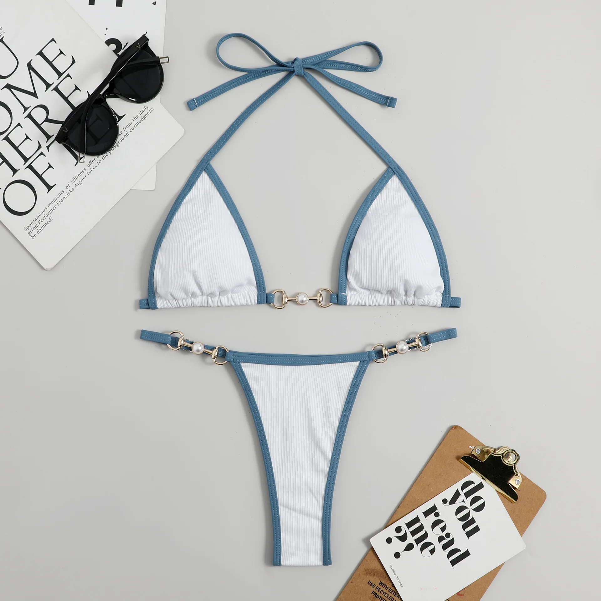 Fashion Contrast Color Metal Stitching Sexy Bikini Set Summer Low Waist Tie Triangle Swimwear 2025 Halter Neck Women's Swimsuit