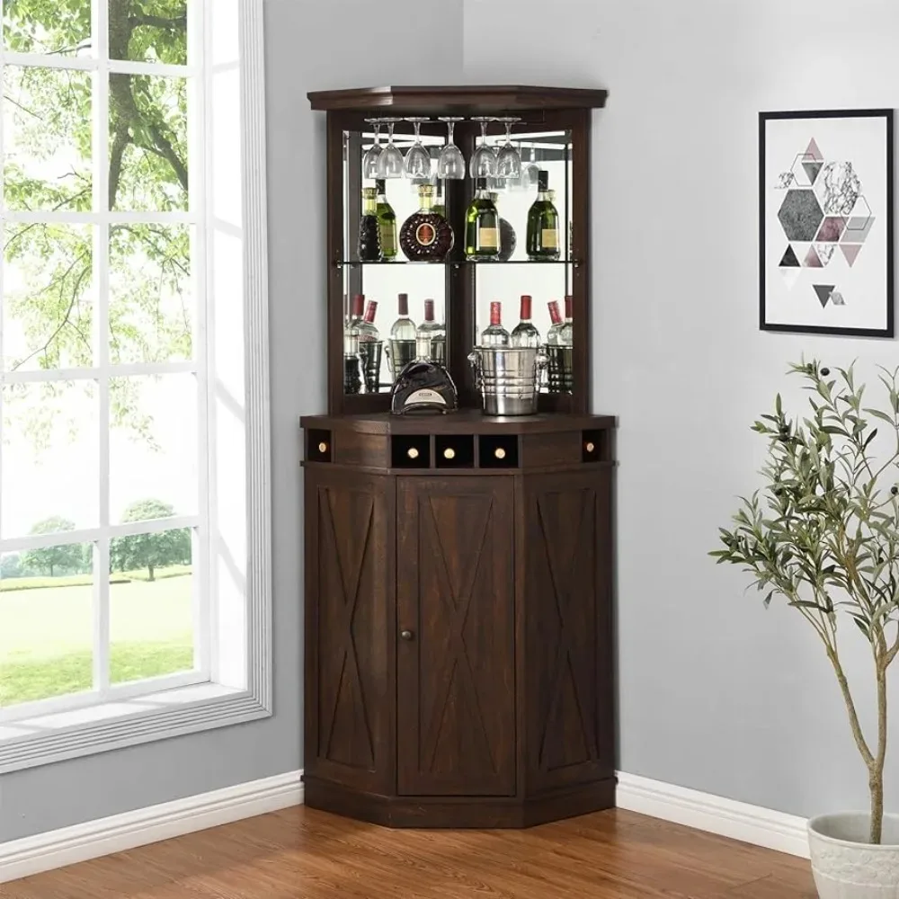 73 Inch Tall Corner Storage Cabinet with Wood Doors, Wine Rack, Liquor Glass Holder, Glass Design Large Rustic Bar Hutch