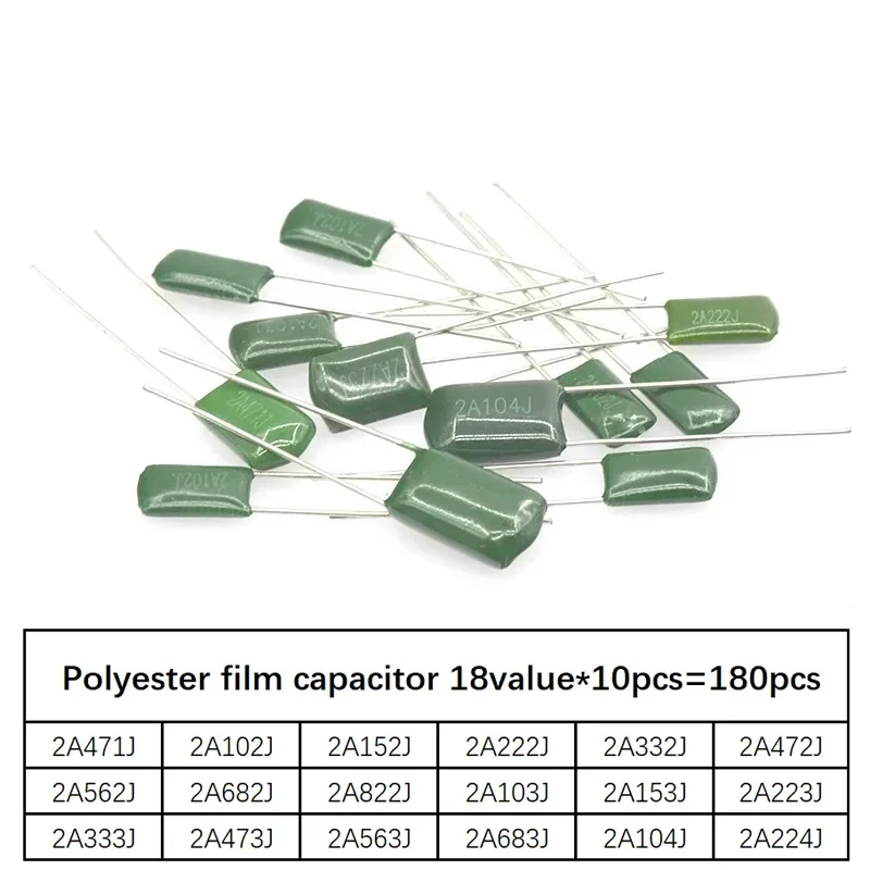 180 stücke = 18 Wert * 10 stücke Polyester film kondensator sortiertes Kit enthält 2 a104j 2 a332j 2 a472j 2 a103j 2 a333j 2 a473j 2 a563j 2 a223j