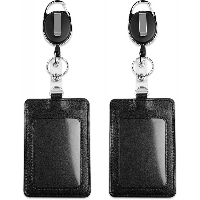 

2-Pack PU Leather Vertical ID Badge Holders with Heavy Duty Retractable Reel Clips – Clear Window & 2 Card Slots (Black)
