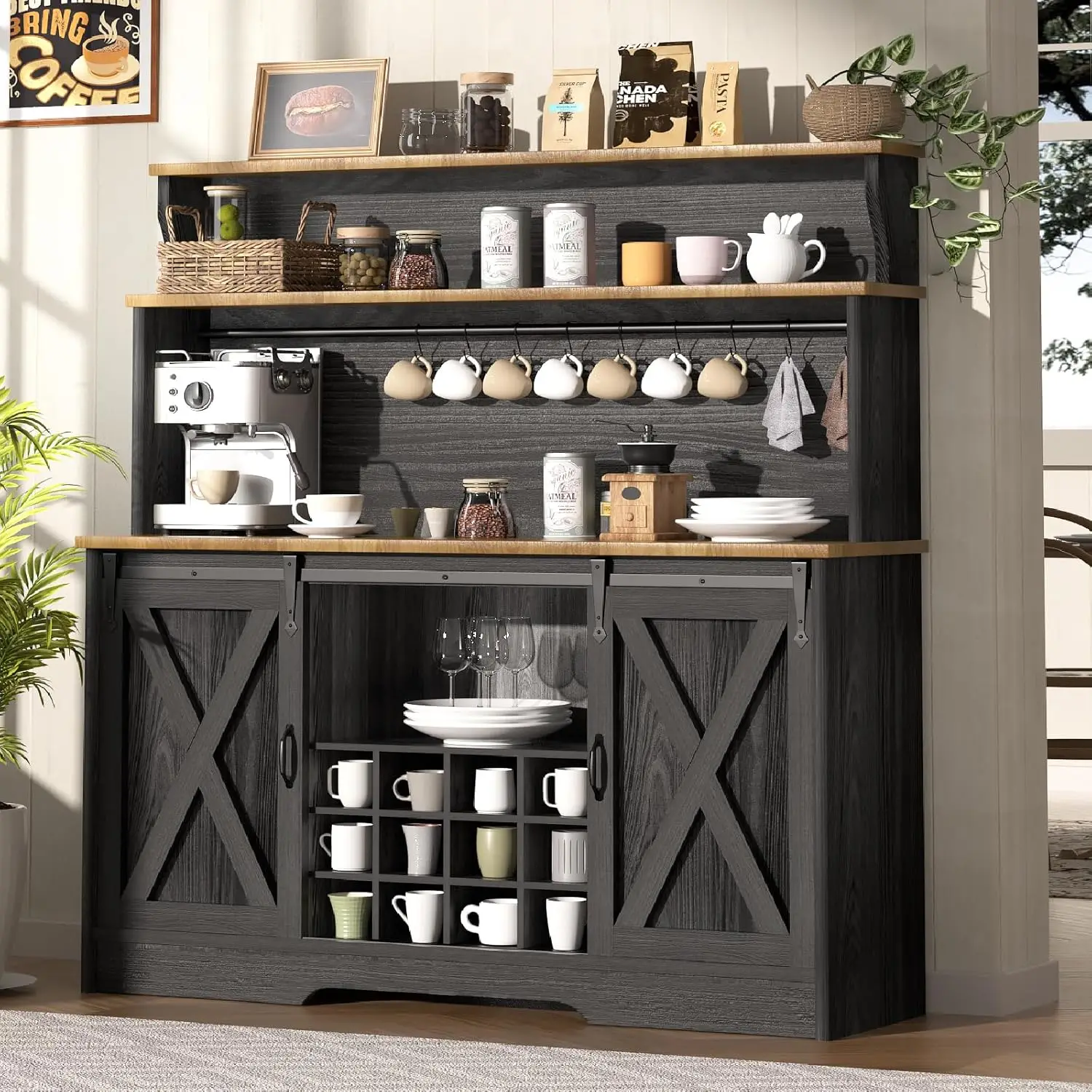 

55'' Farmhouse Coffee Bar Cabinet with 3 Tier Storage Hutch, Coffee Bar Station with Sliding Barn Door, Hutch, Customized
