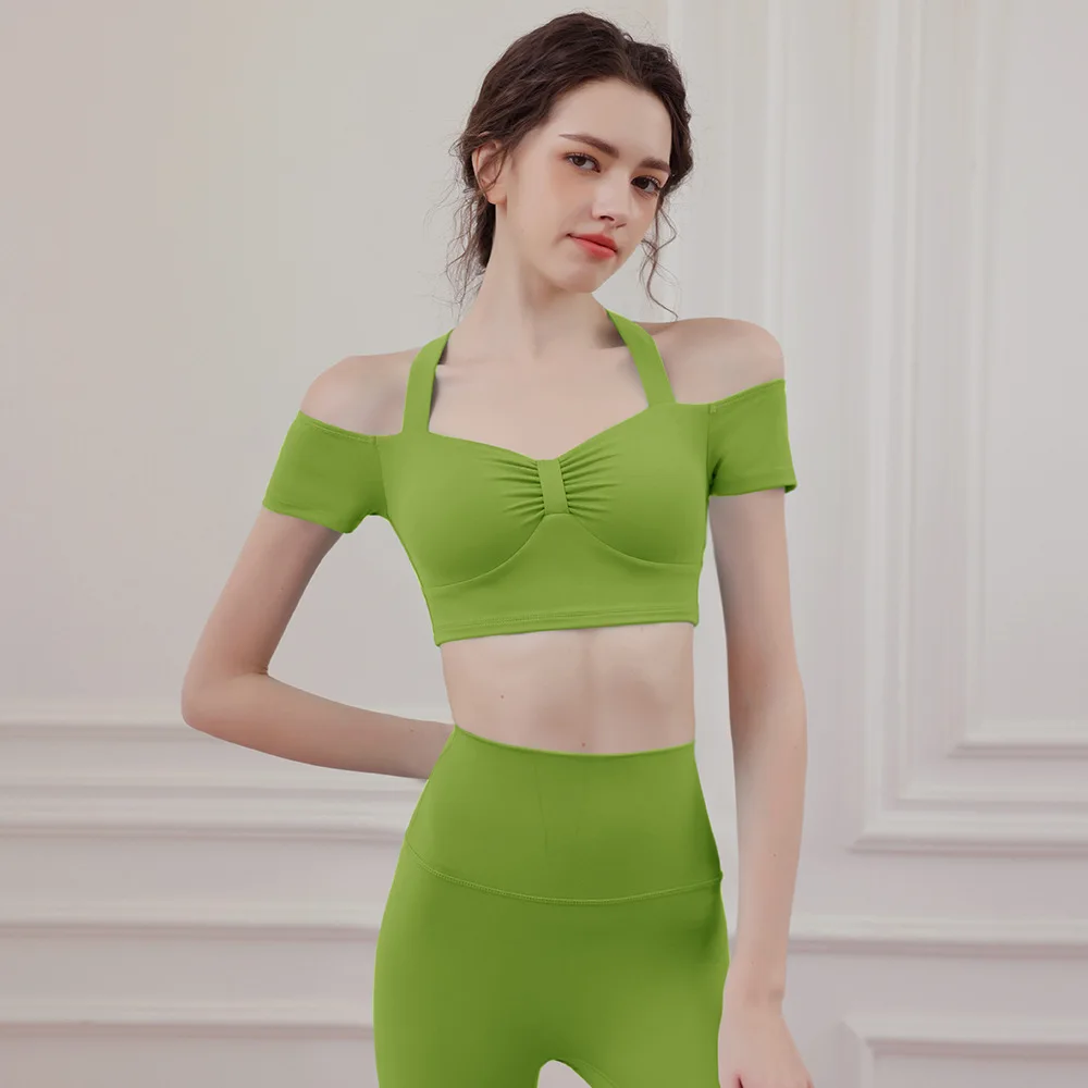 

Модный и сексуальный комплект футболок, женский милый облегающий спортивный костюм на одно плечо для бега и фитнеса, комплект из двух предметов