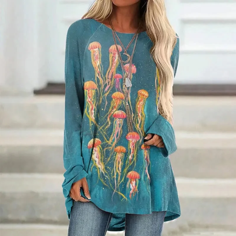 Women's Japanese Mount Fuji Ocean Cat Art Long Sleeved Tunic 3D All Over Printed Women's Round Neck Long Sleeved T-Shirt view 3