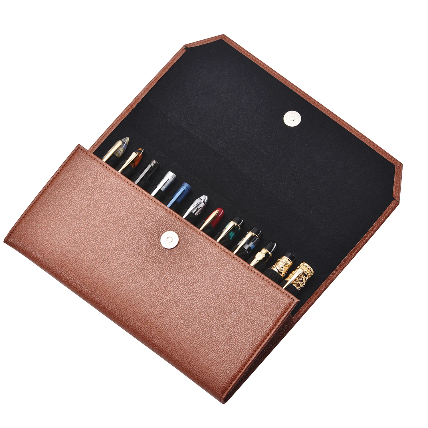 

12 Brown Pencil Bag Pen Case for Fountain Pen, PU Holder Display Pouch Storage Large Capacity Waterproof Office Business Style