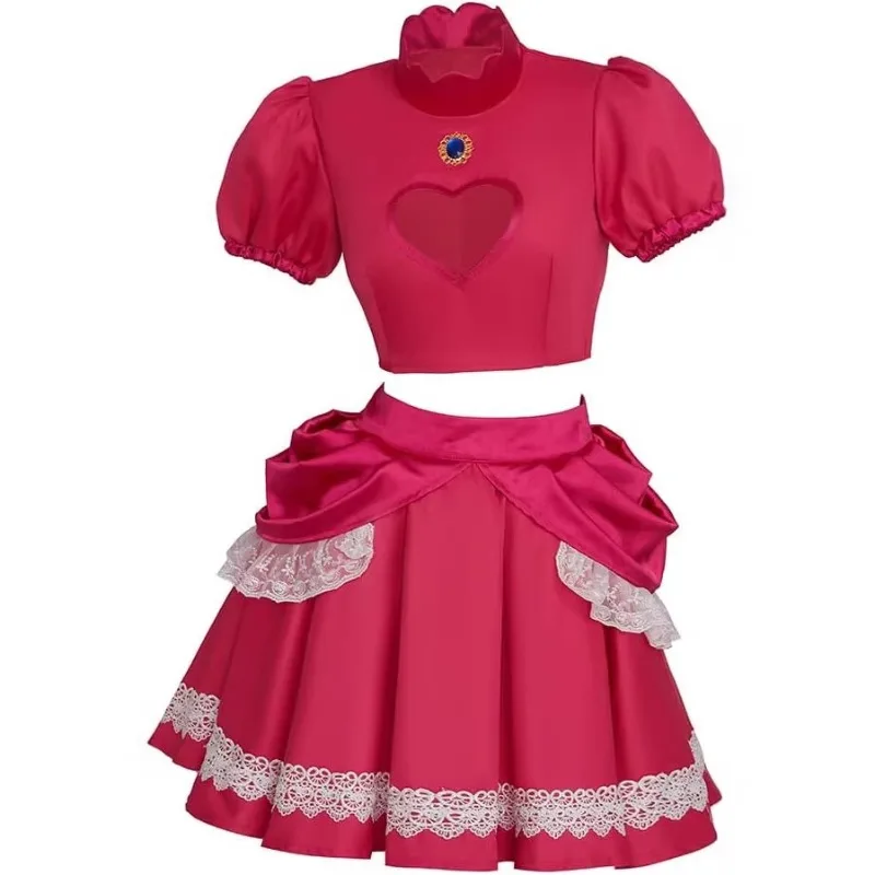 

New Halloween Cosplay Costume Princess Peach Lace Puff Sleeve Dress Sets Carnival Theme Party Role Playing Outfits for Girls
