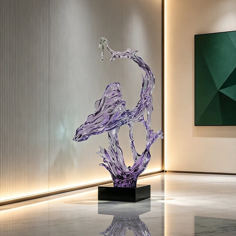 %R Factory Direct Custom OEM Large Gradient Purple Transparent Resin Water Splash Sculpture for Hotel Lobby Decoration！