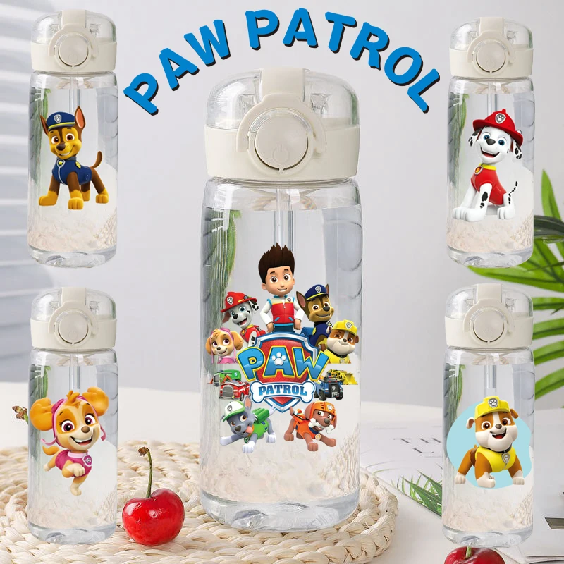 Patrulha pata copo de palha plástico anti-queda transparente água portátil tampa pop-up alta aparência anime bonito caminhadas garrafa de hidratação