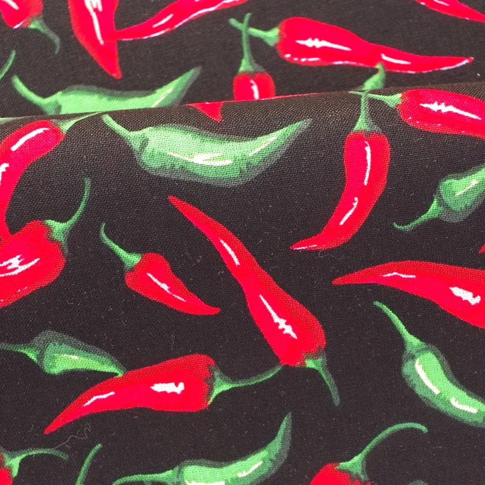 1 Yard Cotton Fabric For Cloth, Bag, Bedding, Chili on black background, Width=108cm