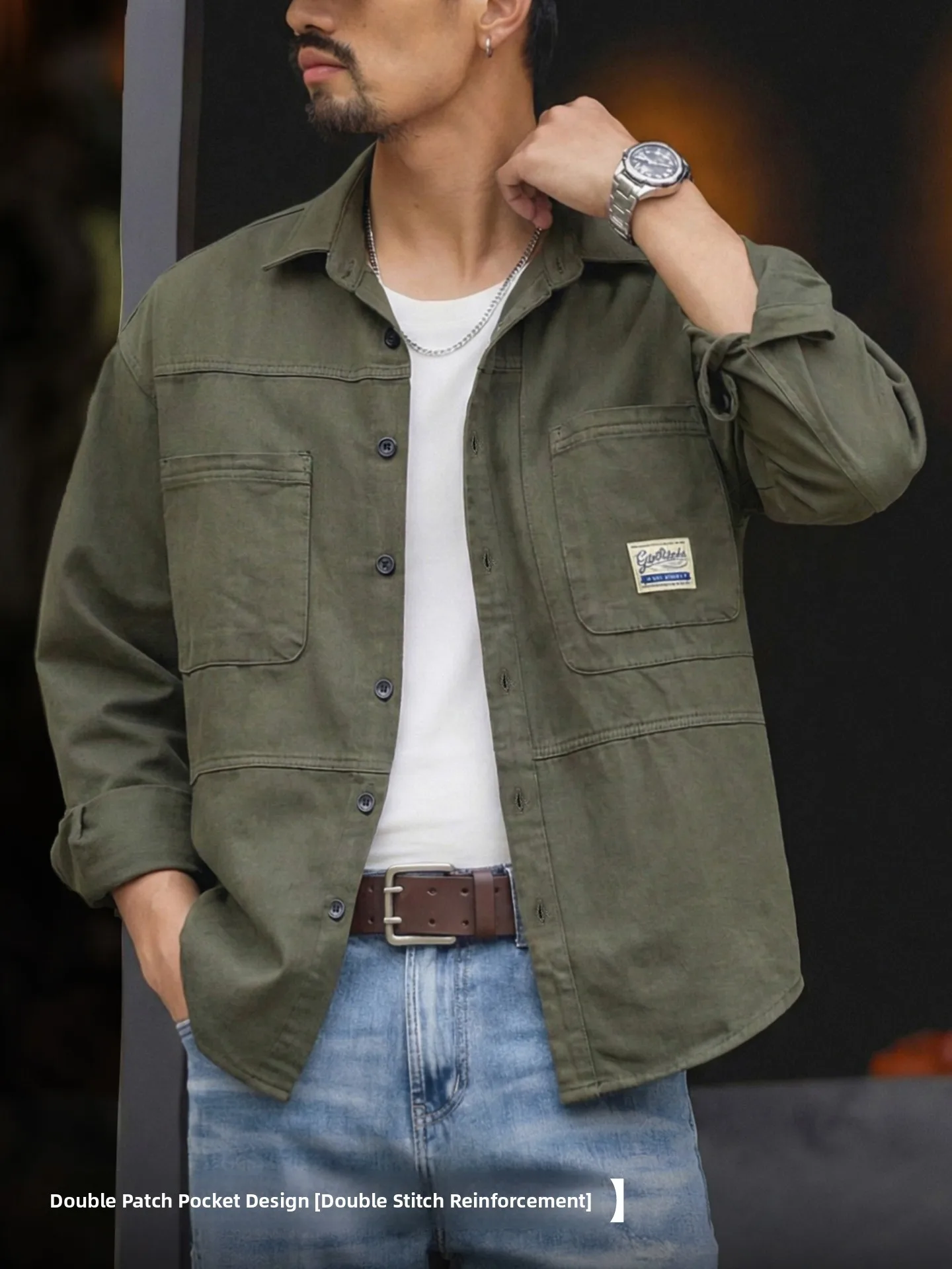 American Style Workwear Shirt Jacket Men's Loose Fit Long Sleeve Green Cotton Casual Outerwear Spring Autumn New Arrival