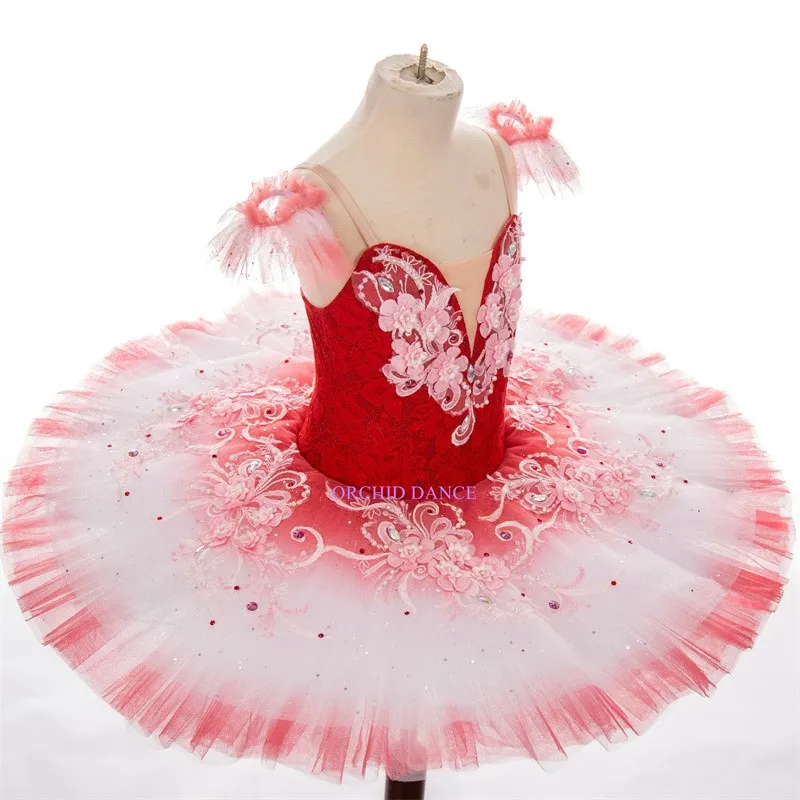 High Quality Custom Size 12 Layers Performance Competition Wear Kids Girls Red Professional Ballet Tutu with flowers