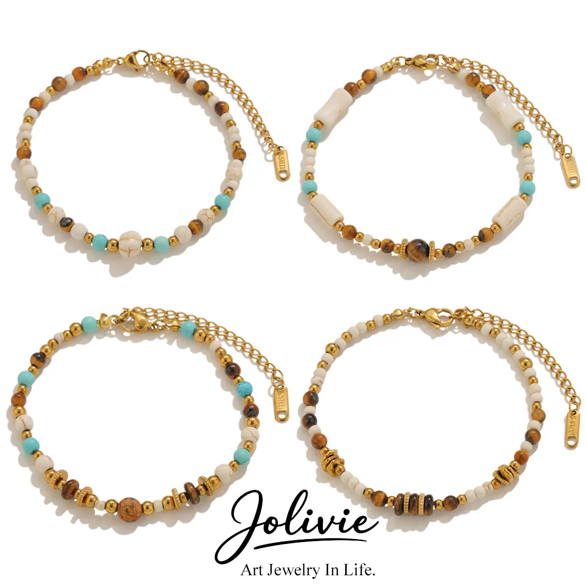 Jolivie Edelstahl Naturstein Perlen Armband Damen Trendy Boho Vintage Damen Handarmbänder und Armreifen Schmuck – Detail 3