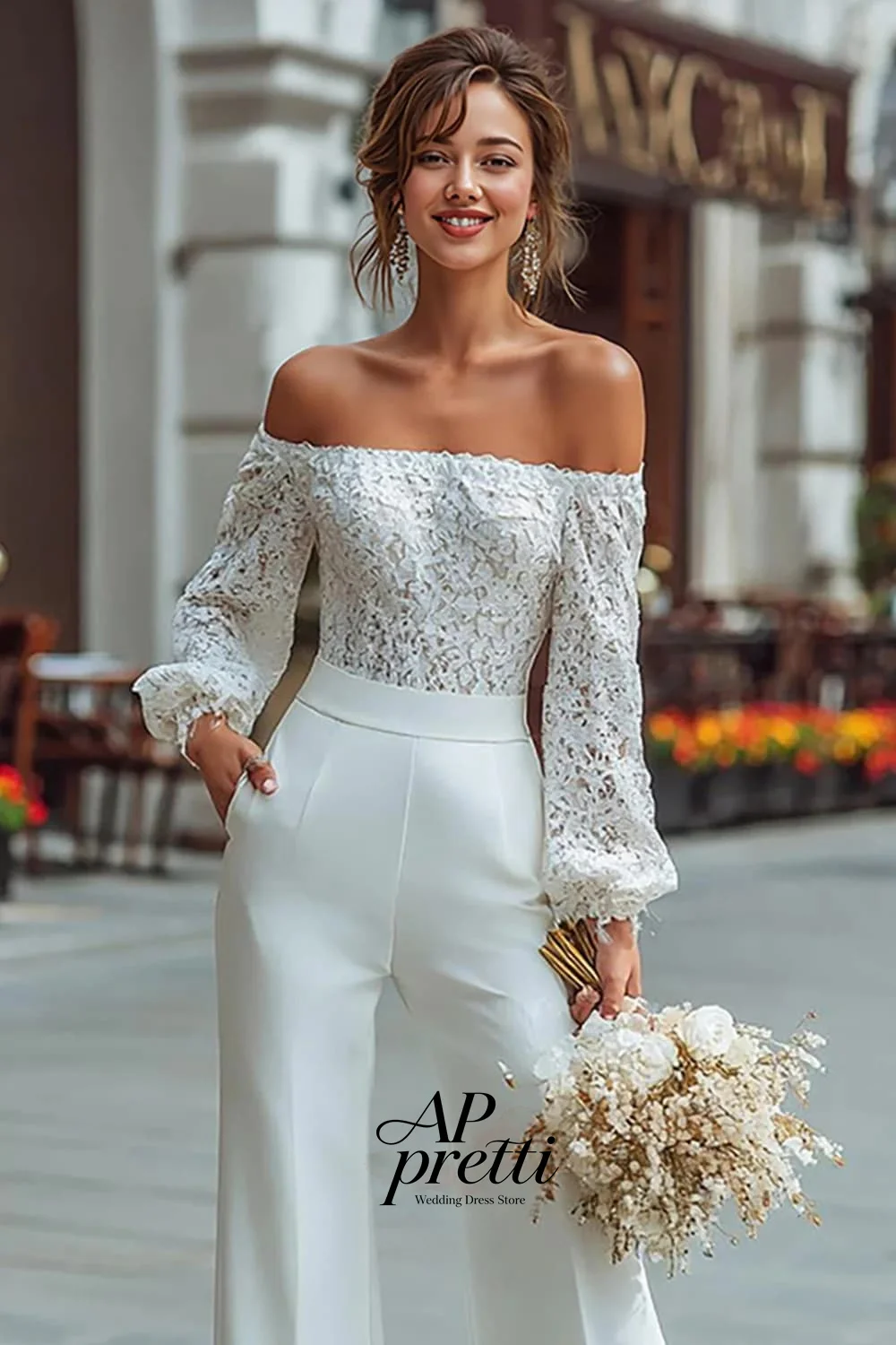 AP pretti Graceful Lace Wedding Dress One Line Customized 3/4 Sleeves Jumpsuits Outfits Bridal Gown Vestidos Novias Boda