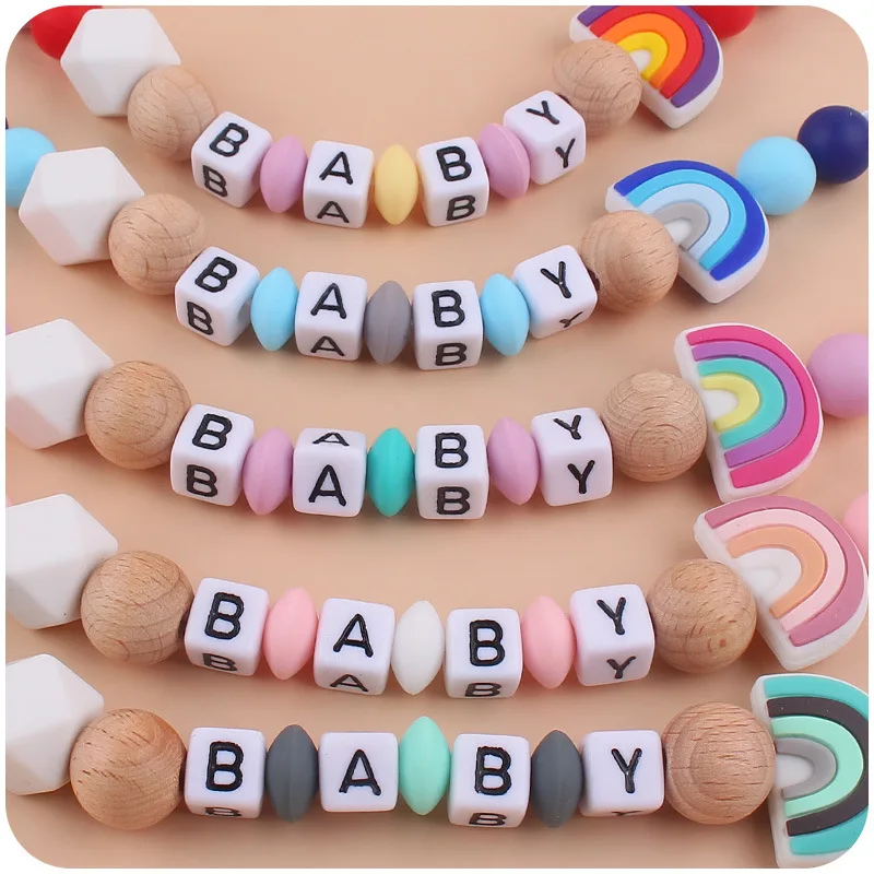 Baby soother beech wood pacifier chain Baby creative cartoon silicone rainbow chain Teething teethers anti-falling chain