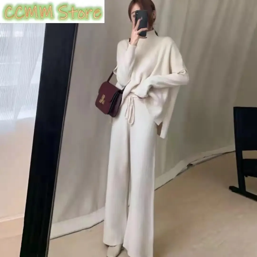 New Wool Blend Suit Women'sAutumn and Winter Two-Piece Suit Knitted Wide-LegPants Half CollarTop Vest Outer WearThree-Piece Suit