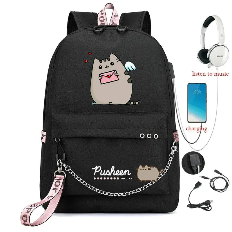 Mochila Kawaii Fat Cat con puerto USB, Bolsa Escolar de Anime para adolescentes, estudiante, gato