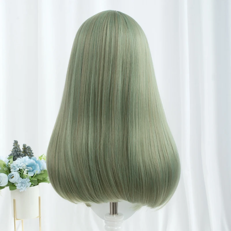 MSIWIGS Long Green Straight with Bangs Synthetic Wigs for Women\'s Lolita Fake Hair Cosplay Hairpiece